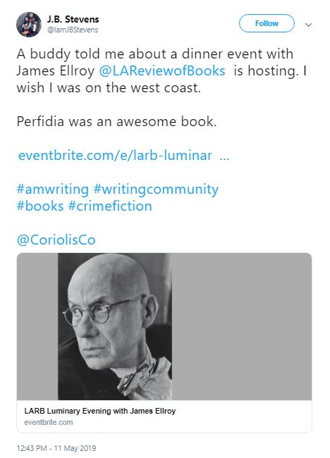 Author J.B. Stevens’s tweet for the LARB Luminary Dinner, Coriolis client event