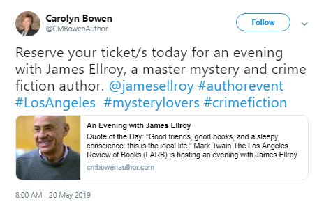 Author Carolyn Bowen’s tweet, LARB Luminary Dinner, Coriolis client event